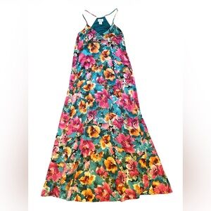 Nicole Miller Floral Dress M Maxi Spaghetti Strap Pockets Shelf Bra Pink Teal